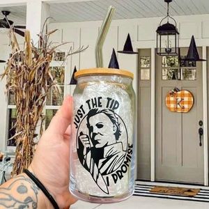 Michael Myers Halloween 16oz Glass Ice Coffee Cup W/ Bamboo Lid And Glass Straw